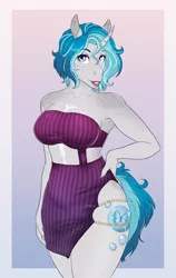 Size: 2082x3291 | Tagged: suggestive, artist:askbubblelee, derpibooru import, oc, oc:bubble lee, unofficial characters only, anthro, unicorn, abstract background, anthro oc, beautiful, big breasts, body freckles, breasts, cleavage, clothes, coat markings, curved horn, curvy, digital art, dress, eyelashes, eyeliner, eyeshadow, female, freckles, gradient background, hand on hip, horn, image, impractical clothing, lipstick, long nails, looking at you, makeup, midriff, png, pose, sexy, short hair, short mane, side slit, skindentation, thighs, tight clothing, unicorn oc, wide hips