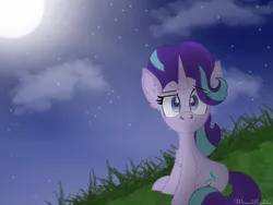 Size: 2048x1536 | Tagged: safe, artist:reziepony, derpibooru import, starlight glimmer, unicorn, looking at you, moon, night, stars