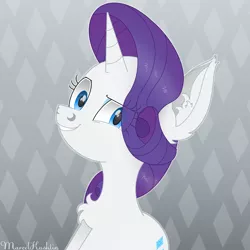 Size: 1112x1112 | Tagged: safe, artist:reziepony, derpibooru import, rarity, pony, unicorn, blue eyes, chest fluff, ear fluff, gray background, horn, looking at you, mane, purple mane, signature, simple background, smiling, smiling at you