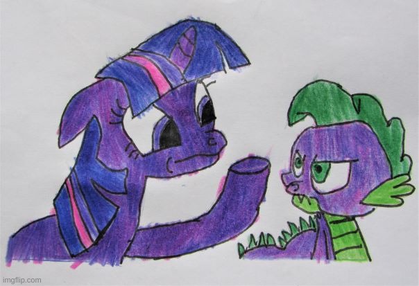 Size: 604x413 | Tagged: safe, alternate version, artist:and now... a derpibooru user, derpibooru import, spike, twilight sparkle, dragon, unicorn, hurricane fluttershy, abuse, drawing, scene interpretation, spikeabuse, unicorn twilight