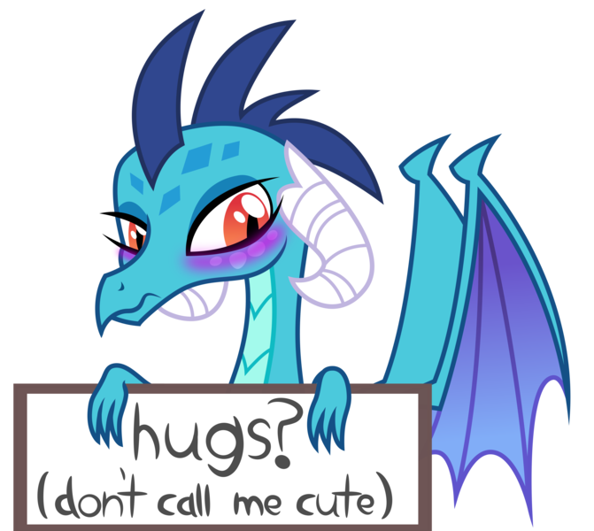Size: 6969x6235 | Tagged: safe, artist:kmlp, derpibooru import, princess ember, dragon, blushing, bronybait, cute, denial's not just a river in egypt, dragoness, emberbetes, female, hug request, hugs?, i'm not cute, in denial, sign, simple background, transparent background, tsundember, tsundere, vector, wavy mouth
