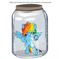 Size: 900x900 | Tagged: source needed, useless source url, suggestive, artist:slamjam, derpibooru import, rainbow dash, pegasus, pony, angry, bipedal, cracks, cum jar, female, freedom, image, jar, jpeg, lewd container meme, looking at you, mare, pony cum jar project, simple background, solo, spread wings, tapping, text, underhoof, white background, wings