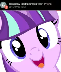 Size: 966x1140 | Tagged: safe, artist:qwertyuiopoiuytrewq, derpibooru import, edit, starlight glimmer, pony, unicorn, caption, close-up, cute, female, glimmerbetes, hi anon, looking at you, mare, meme, open mouth, s5 starlight, smiling, solo, text, text edit, this person tried to unlock your phone, this will end in communism, vector