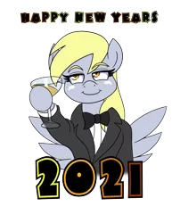 Size: 1280x1656 | Tagged: safe, artist:outofworkderpy, derpibooru import, derpy hooves, pegasus, pony, 2021, alcohol, bowtie, champagne, clothes, female, happy new year, happy new year 2021, hat, holiday, leonardo dicaprio, mare, meme, simple background, solo, suit, toasting, transparent background, wine