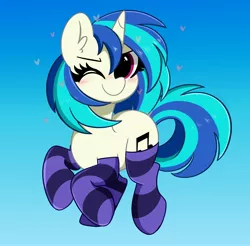 Size: 4096x4028 | Tagged: safe, artist:kittyrosie, derpibooru import, vinyl scratch, pony, unicorn, blushing, clothes, cute, female, gradient background, heart, looking at you, mare, missing accessory, one eye closed, redraw, smiling, socks, solo, striped socks, vinylbetes, wink