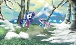 Size: 5000x3000 | Tagged: safe, artist:colochenni, derpibooru import, rarity, sweetie belle, pony, unicorn, bag, belle sisters, clothes, duo, duo female, earmuffs, female, grass, hat, house, mountain, ponyville, scarf, scenery, snow, tree, winter