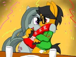 Size: 1440x1080 | Tagged: safe, artist:a.s.e, derpibooru import, marble pie, oc, oc:a.s.e, canon x oc, clothes, couple, female, happy, heart pony, male, new year, shipping, together