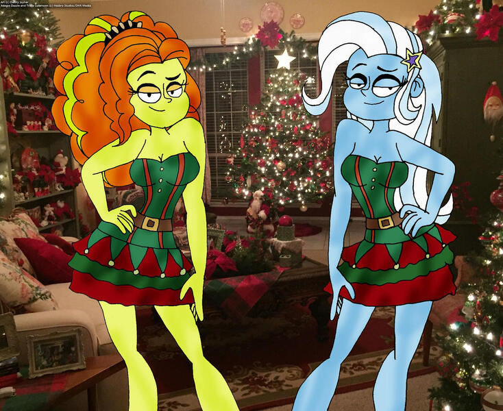 Size: 1280x1047 | Tagged: safe, artist:rdj1995, derpibooru import, adagio dazzle, trixie, equestria girls, christmas, female, holiday, lesbian, shipping, triagio