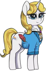Size: 964x1272 | Tagged: safe, artist:t72b, derpibooru import, oc, oc:guiding light, unofficial characters only, pony, unicorn, derpibooru community collaboration, 2021 community collab, ankh, clothes, female, jacket, mare, quill, simple background, solo, transparent background