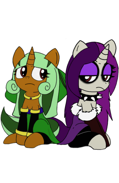 Size: 1336x2048 | Tagged: safe, artist:tenebrousmelancholy, derpibooru import, oc, oc:grimidia, oc:rizella, unofficial characters only, pony, unicorn, derpibooru community collaboration, 2021 community collab, choker, clothes, digital art, duo, eyeshadow, female, goth, makeup, simple background, transparent background