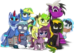 Size: 2000x1446 | Tagged: safe, artist:chopsticks, derpibooru import, oc, oc:arctic mist, oc:brisk bronco, oc:cookie cutter, oc:faded page, oc:sassy lost, oc:speed, oc:verglas frost, oc:vermont black, unofficial characters only, earth pony, kirin, pegasus, pony, unicorn, derpibooru community collaboration, 2021 community collab, bipedal, bipedal leaning, book, cheek fluff, chest fluff, clothes, diverse body types, ear fluff, female, filly, floppy ears, foal, glasses, heterochromia, kirin oc, leaning, looking at you, magic, male, mare, minecraft block, pickaxe, scarf, shivering, simple background, snow, stallion, teenager, telekinesis, transparent background, unshorn fetlocks