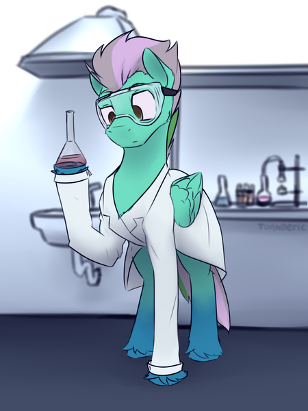 Size: 3000x4000 | Tagged: safe, artist:toanderic, derpibooru import, oc, unofficial characters only, pegasus, pony, blurred background, chemicals, chemistry, clothes, folded wings, lab coat, laboratory, male, no pupils, pegasus oc, safety goggles, science, scientist, signature, solo, stallion, standing, test tube, unshorn fetlocks, wings