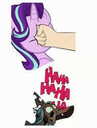 Size: 3106x4096 | Tagged: safe, derpibooru import, idw, queen chrysalis, starlight glimmer, spoiler:comic35, abuse, cadance laughs at your misery, chrysalis laughs at your misery, chrysalis sure does hate starlight, exploitable meme, fist, glimmerbuse, meme, obligatory pony, op is a duck, op is trying to start shit, punch, starlight vs chrysalis