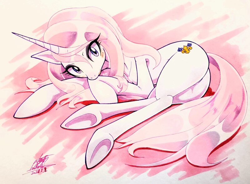 Size: 2048x1502 | Tagged: safe, artist:025aki, derpibooru import, fleur-de-lis, pony, unicorn, butt, female, fleur-de-rriere, lying down, mare, plot, stupid sexy fleur-de-lis, traditional art, underhoof