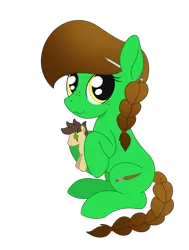 Size: 1049x1386 | Tagged: safe, artist:dyonys, derpibooru import, oc, oc:lucky brush, oc:night chaser, unofficial characters only, earth pony, pony, derpibooru community collaboration, 2021 community collab, female, freckles, holding, mare, plushie, simple background, sitting, transparent background
