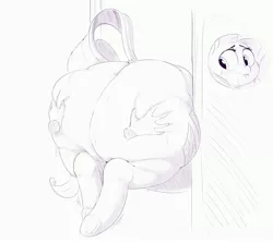 Size: 3362x2981 | Tagged: suggestive, artist:sirmasterdufel, derpibooru import, rarity, pony, unicorn, 2 handfuls of dat ass, blushing, butt, buttstuck, disembodied hand, doorway, extra thicc, fat, female, hand, high res, huge butt, large butt, lineart, lip bite, mare, monochrome, plot, pushing, raritubby, rearity, solo, solo female, squishy, stuck, sweat, the ass was fat, the ass was too fat