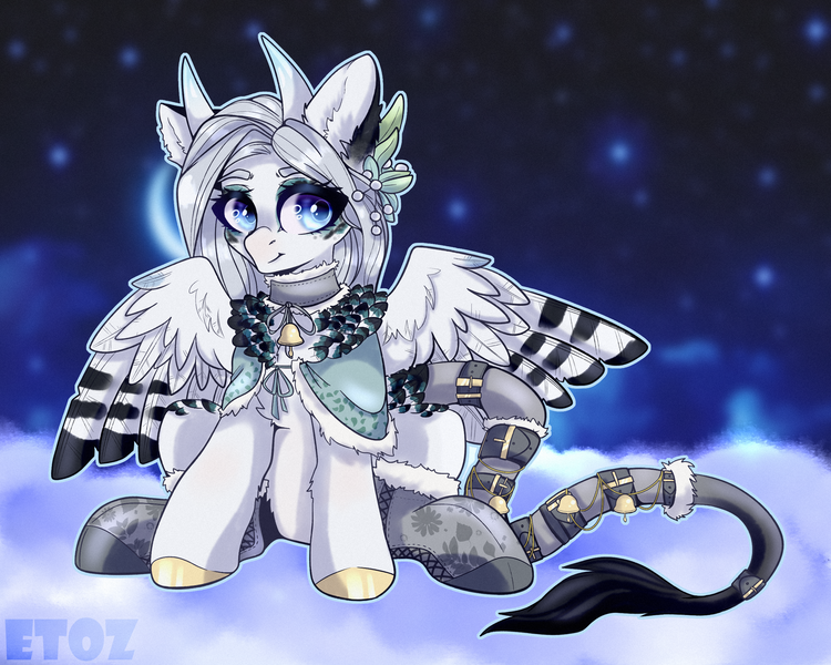 Size: 2500x2000 | Tagged: safe, artist:etoz, derpibooru import, oc, oc:holivi, unofficial characters only, bird, bird pone, original species, pegasus, pony, bell, blue eyes, clothes, cloud, digital art, feather, female, gift art, horns, leaves, leonine tail, looking away, mare, night, pegasus oc, plant, plumage, raised hoof, shoes, sitting, sky, smiling, solo, stars, straps, tail, tail feathers, wings