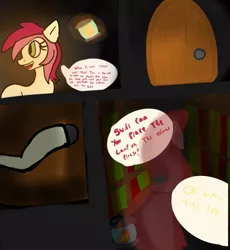 Size: 1145x1242 | Tagged: safe, artist:thatknuxandsilverfan, author:bigonionbean, derpibooru import, roseluck, oc, oc:swirlee doo, earth pony, pony, unicorn, comic, commissioner:bigonionbean, covering eyes, cutie mark, dialogue, door, energy, horn, lantern, magic, scrunchy face, shadow, underground, walking