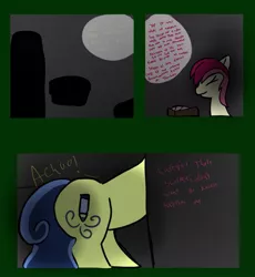 Size: 1145x1242 | Tagged: safe, artist:thatknuxandsilverfan, author:bigonionbean, derpibooru import, roseluck, oc, oc:swirlee doo, earth pony, pony, unicorn, butt, comic, commissioner:bigonionbean, cutie mark, dialogue, door, energy, eyes closed, flank, horn, items, lantern, magic, plot, scrunchy face, shadow, underground, walking