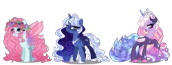 Size: 6240x2380 | Tagged: safe, artist:gihhbloonde, derpibooru import, oc, unofficial characters only, changepony, draconequus, hybrid, pony, unicorn, female, interspecies offspring, magical lesbian spawn, mare, offspring, parent:discord, parent:fluttershy, parent:ocellus, parent:princess cadance, parent:princess luna, parent:trixie, parents:discodance, parents:luxie, simple background, transparent background