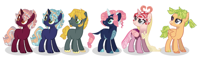 Size: 3600x1096 | Tagged: safe, artist:spectrumnightyt, derpibooru import, oc, oc:golden stone, oc:holly heart warming, oc:kunzite, oc:pineapple leaf, oc:ruby sparkle, oc:sapphire sparkle, unofficial characters only, changepony, dracony, dragon, earth pony, hippogriff, hybrid, pony, unicorn, female, interspecies offspring, male, mare, offspring, parent:big macintosh, parent:king sombra, parent:marble pie, parent:princess flurry heart, parent:rarity, parent:scootaloo, parent:spike, parent:terramar, parent:thorax, parent:twilight sparkle, parents:flurrax, parents:marblemac, parents:sparity, parents:terraloo, parents:twibra, ponygriff, simple background, stallion, transparent background