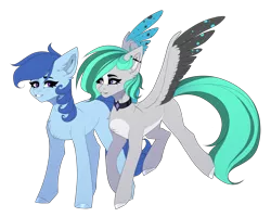 Size: 2500x2000 | Tagged: safe, artist:villjulie, derpibooru import, oc, oc:julie, oc:raylanda, earth pony, pegasus, pony, derpibooru community collaboration, 2021 community collab, colored wings, female, flying, lesbian, looking at each other, mare, multicolored wings, oc x oc, shipping, simple background, smiling, spotted wings, spread wings, transparent background, wings