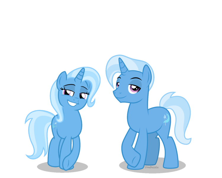 Size: 1316x1053 | Tagged: safe, artist:limedazzle, derpibooru import, edit, vector edit, trixie, pony, unicorn, equestria girls, equestria guys, female, male, mare, r63 paradox, rule 63, self paradox, show accurate, simple background, stallion, transparent background, tristan, vector