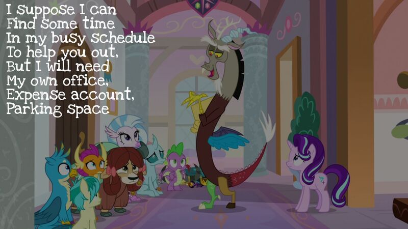 Size: 1920x1080 | Tagged: safe, derpibooru import, edit, edited screencap, editor:quoterific, screencap, discord, gallus, ocellus, sandbar, silverstream, smolder, spike, starlight glimmer, yona, a matter of principals, student six