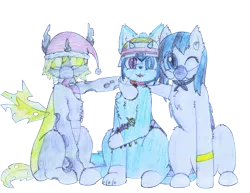 Size: 2196x1696 | Tagged: safe, artist:fliegerfausttop47, derpibooru import, edit, oc, unofficial characters only, hybrid, pony, derpibooru community collaboration, 2021 community collab, hug, simple background, traditional art, transparent background, trio