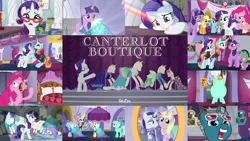 Size: 1966x1105 | Tagged: alicorn, applejack, canterlot boutique, clothes, derpibooru import, diamond mint, dress, edit, edited screencap, editor:quoterific, fashion plate, fluttershy, lyra heartstrings, mane seven, mane six, mannequin, mirror, moonlight raven, pinkie pie, princess dress, rainbow dash, rarity, safe, sassy saddles, screencap, spike, sunshine smiles, twilight sparkle, twilight sparkle (alicorn), upper crust, whoa nelly