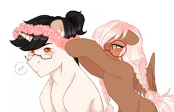 Size: 1451x933 | Tagged: safe, artist:bylullabysoft, derpibooru import, oc, unofficial characters only, pegasus, pony, blushing, digital art, duo, female, flower, flower in hair, glasses, hooves, horn, looking down, male, mare, oc x oc, shipping, simple background, spread wings, stallion, wings