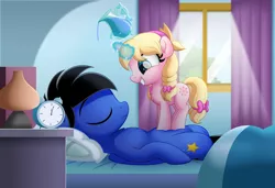 Size: 3000x2053 | Tagged: safe, artist:jhayarr23, derpibooru import, oc, oc:xeto, unofficial characters only, pegasus, pony, unicorn, alarm clock, bed, bow, clock, eyes closed, female, filly, hairband, lying down, mane bow, on back, pitcher, sleeping, tail bow, this will end in screams, water