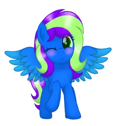 Size: 1080x1080 | Tagged: safe, artist:therealdavid09, derpibooru import, oc, oc:novastar blaze, unofficial characters only, pony, derpibooru community collaboration, 2021 community collab, blushing, cute, eye clipping through hair, female, looking at you, mare, one eye closed, simple background, solo, spread wings, standing, transparent background, wings, wink, winking at you