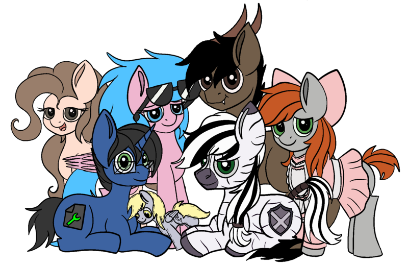 Size: 1911x1244 | Tagged: safe, artist:lewdielewd, derpibooru import, oc, oc:andy gnetin, oc:digital wrench, oc:electric television, oc:lewdielewd, oc:palatinatus clypeus, oc:sound chaser, demon, demon pony, earth pony, original species, pegasus, pony, unicorn, zebra, derpibooru community collaboration, 2021 community collab, bow, clothes, dress, glasses, happy, horns, messy mane, plushie, simple background, sitting, standing, transparent background, zebra oc