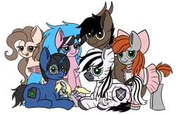 Size: 1911x1244 | Tagged: safe, artist:lewdielewd, derpibooru import, oc, oc:andy gnetin, oc:digital wrench, oc:electric television, oc:lewdielewd, oc:palatinatus clypeus, oc:sound chaser, demon, demon pony, earth pony, original species, pegasus, pony, unicorn, zebra, derpibooru community collaboration, 2021 community collab, bow, clothes, dress, glasses, happy, horns, messy mane, plushie, simple background, sitting, standing, transparent background, zebra oc