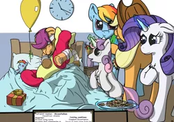 Size: 5016x3541 | Tagged: safe, artist:db, derpibooru import, apple bloom, applejack, rainbow dash, rarity, scootaloo, sweetie belle, earth pony, pegasus, pony, unicorn, balloon, bandage, chest fluff, cookie, cute, daaaaaaaaaaaw, eyes closed, feels, food, hoof on chest, hospital, hug, open mouth, plushie, present, scootalove, smiling, teary eyes, underhoof