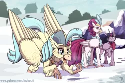 Size: 1772x1181 | Tagged: alicorn, artist:inuhoshi-to-darkpen, clothes, cute, derpibooru import, female, hippogriff, mother and child, mother and daughter, my little pony: the movie, princess skystar, queen novo, safe, scarf, skyabetes, snow, twilight sparkle, twilight sparkle (alicorn), winter