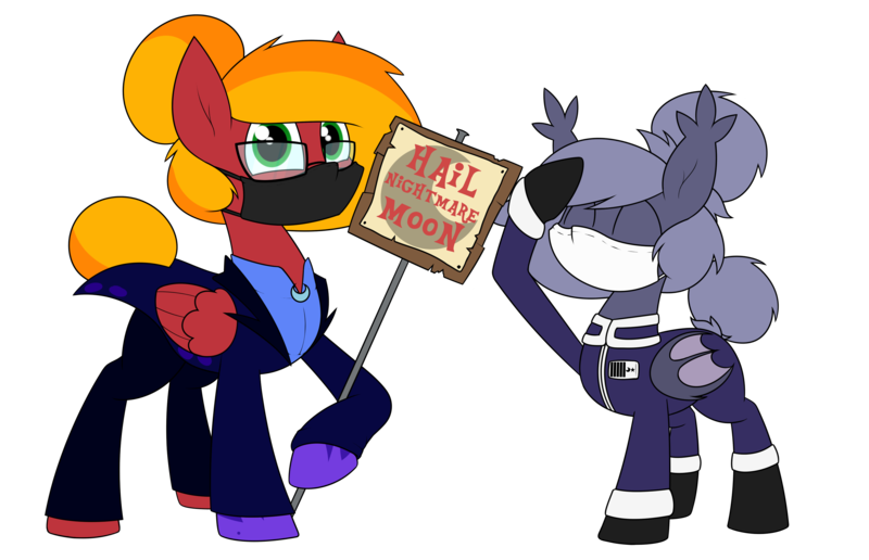 Size: 3062x1974 | Tagged: safe, artist:moonatik, derpibooru import, oc, oc:moonatik, oc:selenite, unofficial characters only, bat pony, pegasus, pony, derpibooru community collaboration, 2021 community collab, bat pony oc, bat wings, boots, clothes, face mask, female, glasses, gloves, hair bun, implied nightmare moon, male, mare, mask, military uniform, pegasus oc, salute, shoes, sign, simple background, stallion, tail bun, the conscientious objector, transparent background, uniform, wings