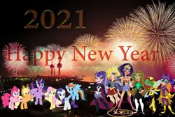 Size: 1024x687 | Tagged: safe, artist:cartoonmasterv3, derpibooru import, applejack, fluttershy, pinkie pie, rainbow dash, rarity, twilight sparkle, twilight sparkle (alicorn), alicorn, earth pony, pegasus, pony, unicorn, 2021, batgirl, bumblebee (dc), dc superhero girls, fireworks, green lantern, happy new year, happy new year 2021, holiday, mane six, supergirl, wonder woman, zatanna