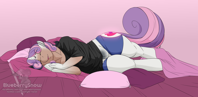 Size: 1500x736 | Tagged: questionable, artist:blueberrysnow, derpibooru import, sweetie belle, human, pony, unicorn, bed, bedroom, clothes, commission, cutie mark, digital art, horn, human to pony, laying on bed, lying down, male to female, on bed, pillow, rule 63, sleeping, tail, torn clothes, transformation, transgender transformation