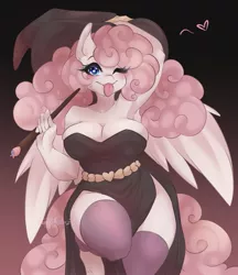 Size: 1107x1280 | Tagged: safe, artist:bunnywhiskerz, derpibooru import, oc, unofficial characters only, anthro, pegasus, :p, blushing, breasts, busty oc, clothes, commission, digital art, dress, female, hat, looking at you, one eye closed, socks, solo, stockings, tail, thigh highs, thighs, tongue out, wand, wings, witch, witch hat