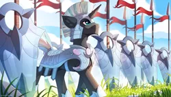 Size: 3000x1687 | Tagged: safe, artist:redchetgreen, derpibooru import, oc, oc:valorheart, unofficial characters only, pony, unicorn, armor, crystal guard, crystal guard armor, flag, guard, looking forward, male, shield, smiling, solo, spear, stallion, weapon
