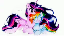 Size: 3813x2145 | Tagged: safe, artist:liaaqila, derpibooru import, princess twilight 2.0, rainbow dash, twilight sparkle, twilight sparkle (alicorn), alicorn, pegasus, pony, the last problem, behaving like a cat, blushing, chest fluff, commission, cuddling, cute, dashabetes, female, fluffy, lesbian, nuzzling, older, older twilight, purring, shipping, simple background, size difference, twiabetes, twidash, white background