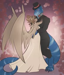 Size: 1107x1280 | Tagged: safe, artist:bunnywhiskerz, derpibooru import, oc, unofficial characters only, anthro, digitigrade anthro, lizard, pegasus, blushing, clothes, commission, digital art, dress, duo, female, furry, furry oc, looking at each other, looking at you, male, simple background, smiling, solo, spread wings, straight, tail, wedding dress, wings