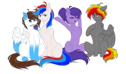 Size: 1690x1000 | Tagged: safe, artist:kate phlin, derpibooru import, oc, oc:armored howes, oc:grapie, oc:kate phlin, oc:ronyram, unofficial characters only, earth pony, pegasus, pony, unicorn, derpibooru community collaboration, 2021 community collab, candy, candy cane, chest fluff, colored wings, ear piercing, eyes closed, food, freckles, group, hug, mouth hold, multicolored wings, open mouth, piercing, simple background, sitting, smiling, transparent background, wings
