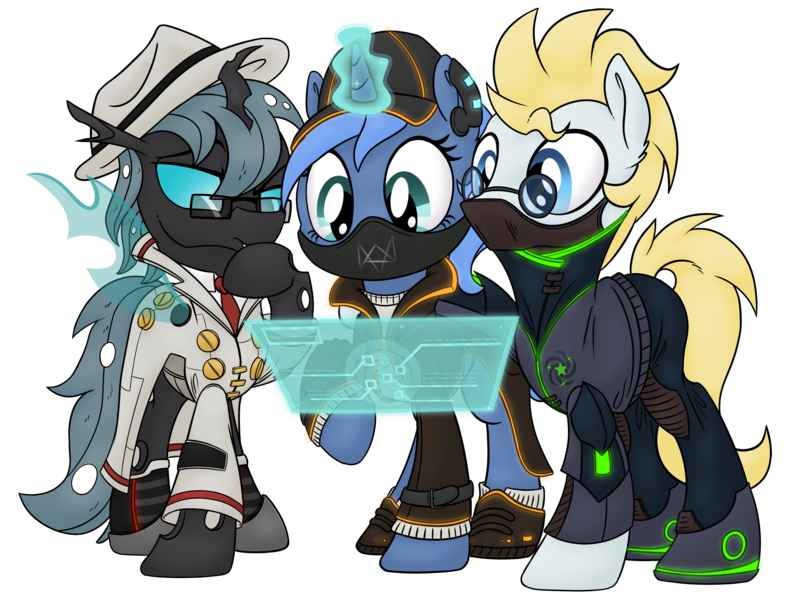 Size: 2888x2160 | Tagged: safe, artist:djdavid98, artist:pirill, derpibooru import, oc, oc:carbon copy, oc:double colon, oc:star farer, unofficial characters only, changeling, earth pony, pony, unicorn, derpibooru community collaboration, 2021 community collab, clothes, collaboration, cyberpunk, female, glasses, hat, horn, image, jacket, magic, male, mask, png, raised hoof, shoes, simple background, soft shading, tail, thinking, transparent background, trio, watch dogs