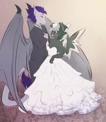 Size: 3200x3700 | Tagged: safe, artist:bunnywhiskerz, derpibooru import, oc, unofficial characters only, anthro, dragon, pegasus, blushing, breasts, clothes, commission, digital art, dress, duo, female, furry, furry oc, male, simple background, smiling, spread wings, straight, tail, wedding dress, wings