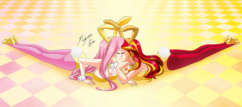 Size: 5725x2550 | Tagged: safe, artist:shinta-girl, derpibooru import, fluttershy, sunset shimmer, human, equestria girls, alternative cutie mark placement, big breasts, boobie mark, breasts, bunny ears, bunny suit, busty fluttershy, busty sunset shimmer, clothes, couple, cutie mark on human, eyes closed, female, huge breasts, human coloration, humanized, kissing, lesbian, shipping, sunshyne