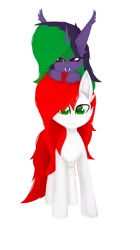 Size: 1400x2500 | Tagged: safe, artist:graphictoxin, derpibooru import, oc, oc:daren, oc:graphic toxin, unofficial characters only, bat pony, pegasus, pony, unicorn, derpibooru, derpibooru community collaboration, 2021 community collab, bat pony oc, bat wings, big ears, cheek fluff, cute, female, fluffy, full face view, happy, horn, lineless, looking at you, male, mare, meta, oc x oc, pegasus oc, ponies riding ponies, riding, shipping, simple background, smiling, smirk, stallion, transparent background, unicorn oc, wings