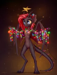 Size: 2154x2864 | Tagged: safe, artist:setharu, derpibooru import, oc, oc:vincher, unofficial characters only, dragon, ear piercing, earring, female, jewelry, lights, new year, ornament, ornaments, pale belly, paws, piercing, solo, standing, string lights